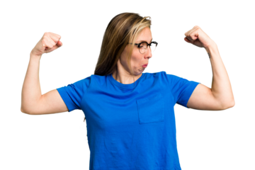 Young caucasian woman cutout isolated showing strength gesture with arms, symbol of feminine power