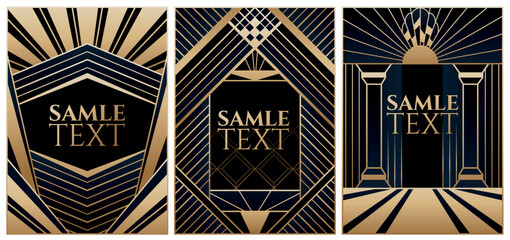 collection of three art deco frames in black and gold luxury colours