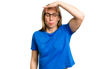 Young caucasian woman cutout isolated touching temples and having headache.