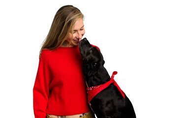Young caucasian woman and her dog isolated on background