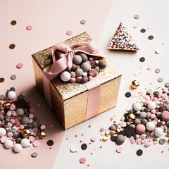 Fototapeta na wymiar A beautiful gift box, surrounded by gold glitter. 