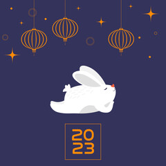 Lying white rabbit with chinese lanterns. Chinese new year 2023 -  year of the rabbit. Vector illustration