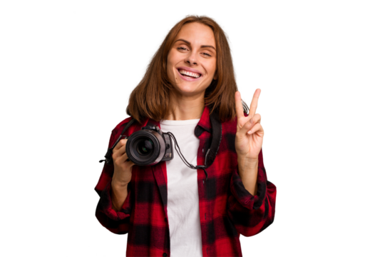 Young photographer caucasian woman isolated showing number two with fingers.