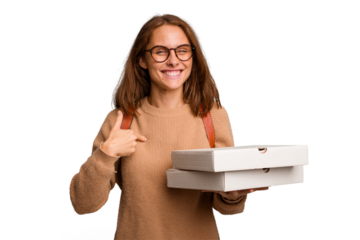 Young student woman holding pizzas isolated person pointing by hand to a shirt copy space, proud and confident