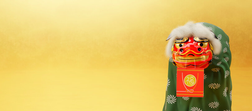 金の背景に立つ福袋をくわえた獅子舞 / 初売り・新春セール用背景素材 / コピースペース / 3Dレンダリング