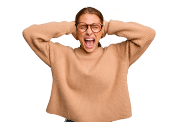 Young caucasian woman isolated covering ears with hands trying not to hear too loud sound.