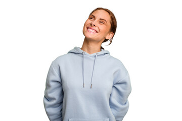 Young caucasian woman isolated relaxed and happy laughing, neck stretched showing teeth.