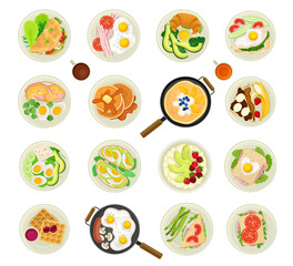 Breakfast Food Served on Plate Above View Big Vector Set