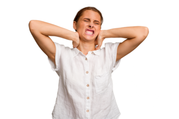 Young caucasian woman isolated suffering neck pain due to sedentary lifestyle.