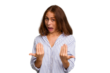Young caucasian woman isolated pointing with finger at you as if inviting come closer.