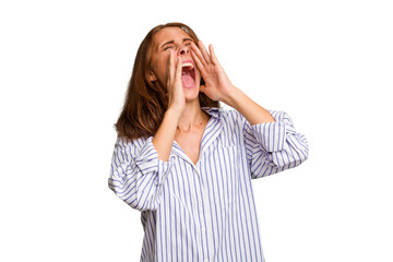 Young caucasian woman isolated shouting excited to front.