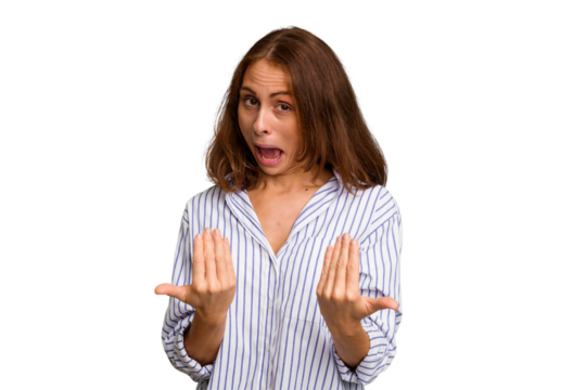 Young caucasian woman isolated pointing with finger at you as if inviting come closer.