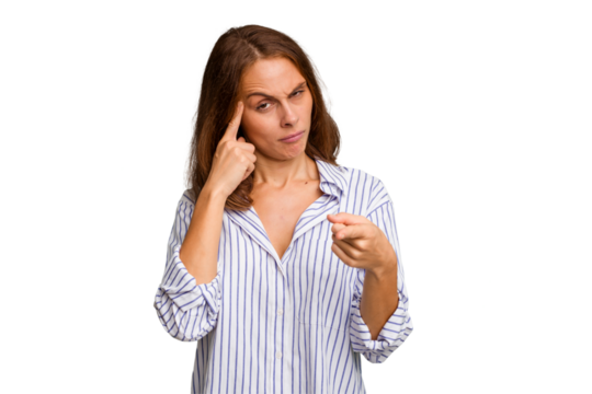 Young caucasian woman isolated pointing temple with finger, thinking, focused on a task.