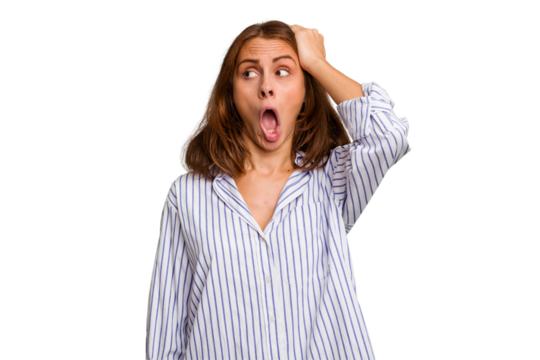 Young caucasian woman isolated being shocked, she has remembered important meeting.