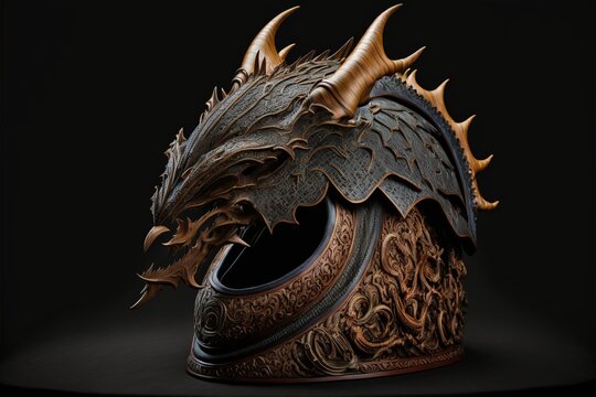 An intricately carved wooden dragon rider helmet, black background, studio lighting, created with Generative AI