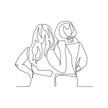 recommend clip art: Vector illustration of two girlfriends drawn in line art style