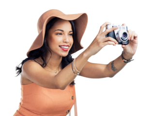 PNG studio shot of a beautiful young woman holding a camera while standing.