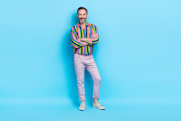 Full length photo of attractive charismatic man wear colorful bright clothes stands empty space...