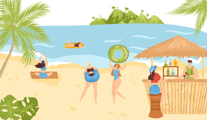 Obraz premium Beach activities in summer at sea vacations vector illustration. Leisure in water and on sand. People in beach bar and stall with icecream.