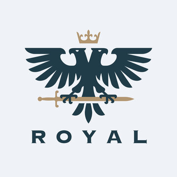 Double headed eagle logo design. Heraldic falcon icon. Hawk insignia symbol. Royal bird heraldry emblem. Vector illustration.