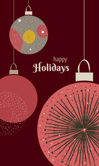 Trendy and elegant Happy Holidays card with christmas shining balls in red and golden colors with fireworks decor. Balls decorated in abstract and flat style. Banner modern and minimalistic for Xmas