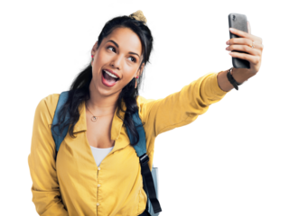 PNG studio shot of a woman wearing a backpack and taking selfies.