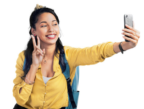 PNG studio shot of a woman wearing a backpack and taking selfies.