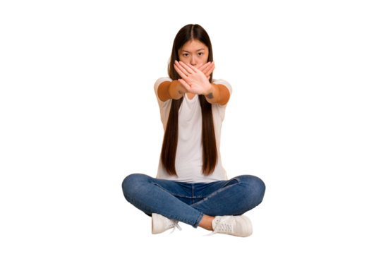 Young asian woman sitting on the floor cutout isolated doing a denial gesture
