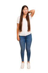 Young asian woman standing, full body cutout isolated touching back of head, thinking and making a choice.