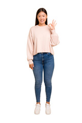 Young asian woman standing, full body cutout isolated cheerful and confident showing ok gesture.