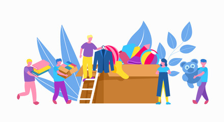 People volunteer with box of clothing donation, charity, social help in community vector illustration. Volunteering, assistance.