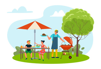 Family at bbq picnic in summer park, vector illustration. Father children character eat food together at weekend, happy outdoor barbecue at nature.