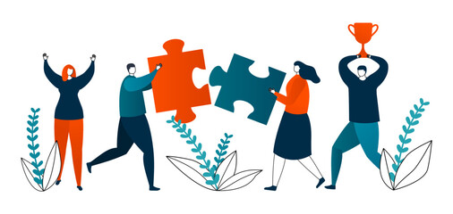 Good business concept, businesspeople presenting good results for their idea, success vector illustration. Successful team with puzzle.
