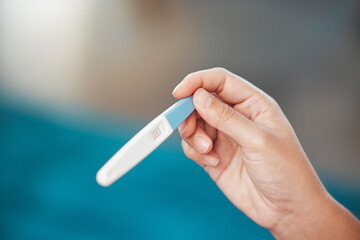 Hands, pregnancy test and news with positive results for pregnant, lines or information at home on...