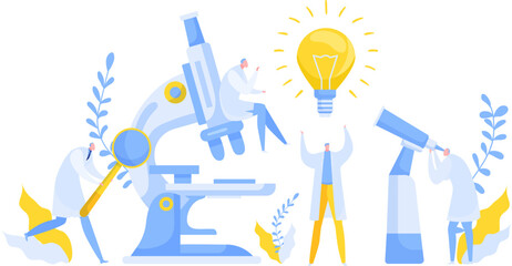 Obraz premium Idea discovery research in chemistry, biology or medicine vector illustration. Light bulb of new idea discovering science researching.