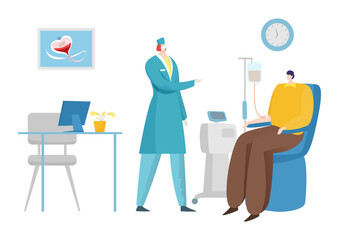 Blood donor in clinic, vector illustration, hospital woman doctor character help medical volunteer with donation, man sit in special chair.