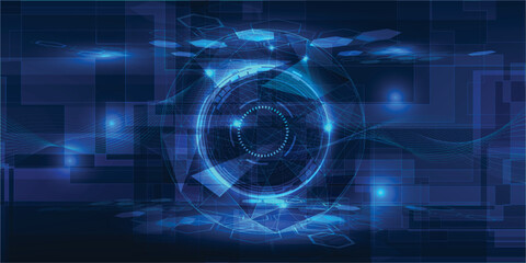 Vector illustration of futuristic digital HUD with grid line circuit digital pattern abstract dark blue  future tech artwork and background.