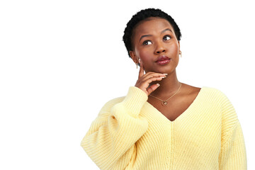 PNG shot of a young woman looking thoughtful while posing.