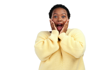 PNG shot of a young woman looking surprised while posing.