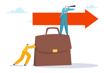 Business leadership concept, vector illustration. Tiny boss man character stand at bag, hold spyglass, businessman worker push briefcase