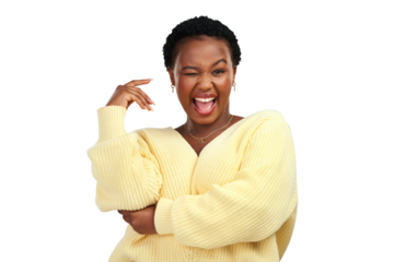PNG shot of a young woman winking while posing.