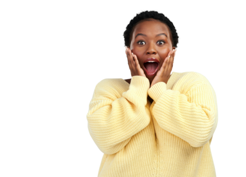 PNG shot of a young woman looking surprised while posing.