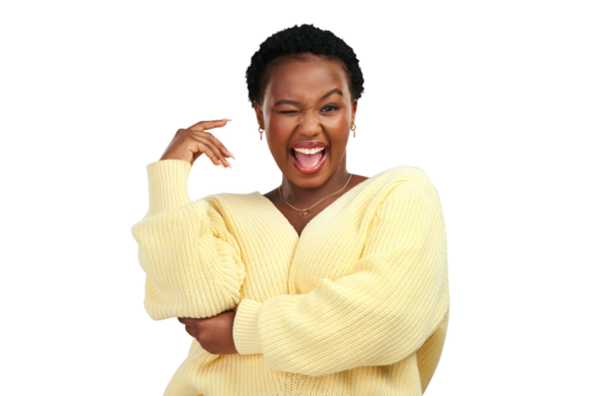 PNG shot of a young woman winking while posing.