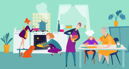 People cooking at home, family together at kitchen happy chef vector illustration. Mother and daughter baking in cooker.