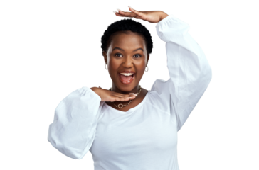 PNG shot of a beautiful young woman framing her face with her hands while posing.