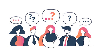 People with question signs discussing or with different opinions flat vector illustration. Search of solution or idea, answers, men and women.