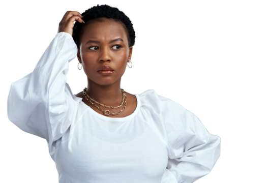 PNG shot of a young woman looking puzzled while posing.