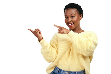 PNG shot of a young woman pointing at copy-space while posing. - obrazy, fototapety, plakaty