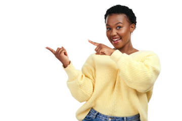 PNG shot of a young woman pointing at copy-space while posing.