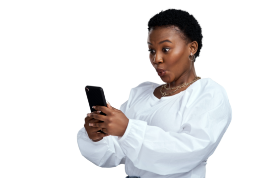 PNG shot of a young woman using her cellphone while standing.